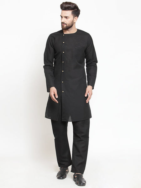 Black Kurta With Aligarh Pajama Set in Linen  For Men by Treemoda