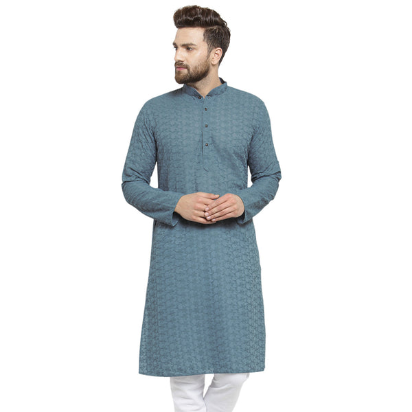 Grey Cotton Chikankari Lucknowi Jaal Embroidered Kurta By Treemoda