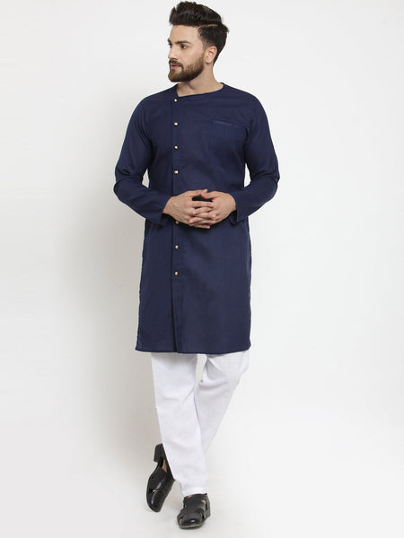 Navy Blue Kurta With Aligarh Pajama Set in Linen for men by Treemoda