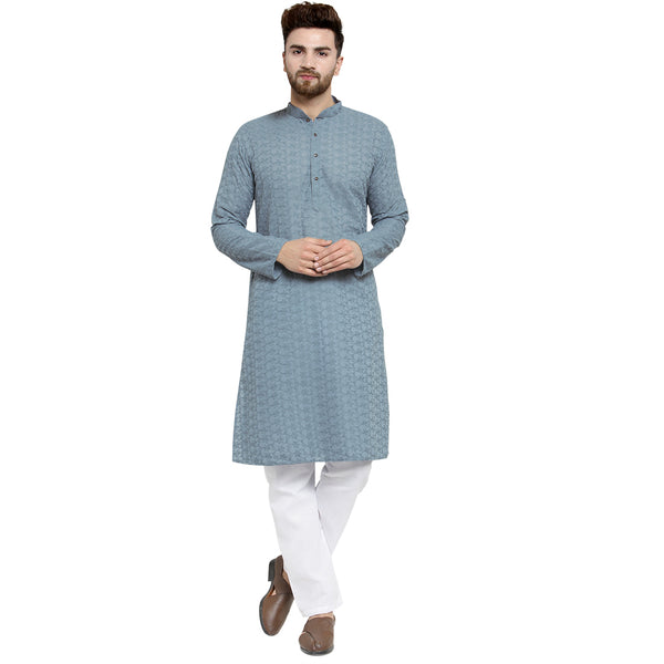 Light Grey Cotton Chikankari Lucknowi Jaal Embroidered Kurta with Aligarh Pajama For Men  by Treemoda