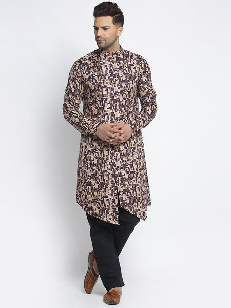 Designer Cotton Brown Block Printed Kurta With Aligarh Pajama Set For Men By Treemoda