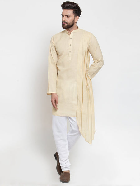 Beige Kurta With Churidar Pajama Set in Linen For Men by Treemoda