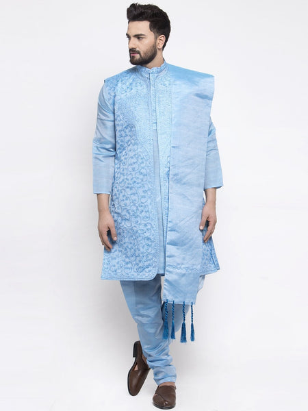 Men's Blue Embroidered Kurta Pajama, Set With Jacket, and Scarf  by Treemoda