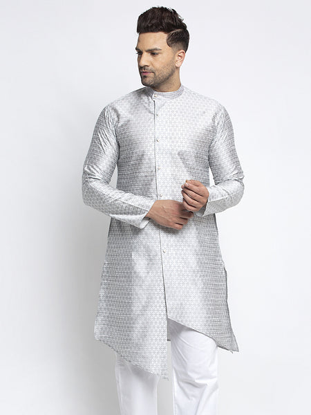 Designer Embellished Brocade Light Grey Kurta For Men By Treemoda