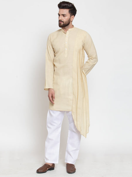 Beige Kurta With Aligarh Pajama Set in Linen For Men by Treemoda