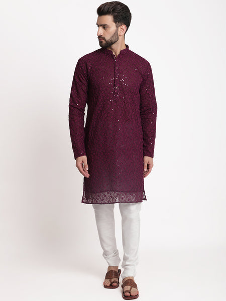 Wine Chikankari Floral Embroidery Kurta With Churidar Pajama by Treemoda