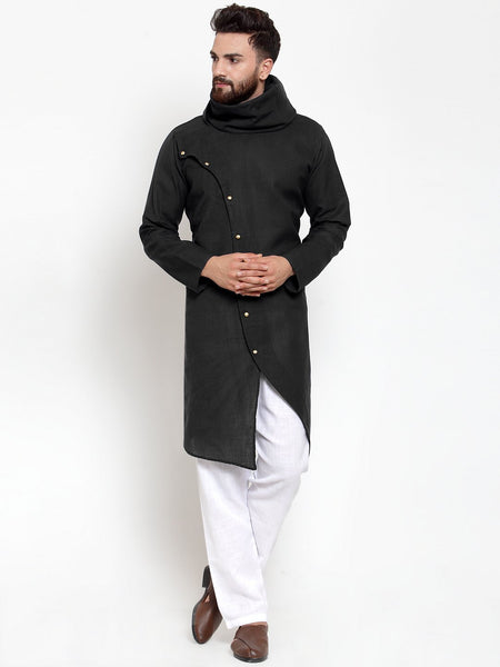 Black Kurta With Aligarh Pajama Set in Linen For Men by Treemoda