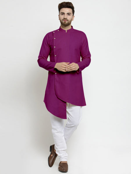 Designer Purple Linen Kurta With White Churidar Pyjama For Men By Treemoda