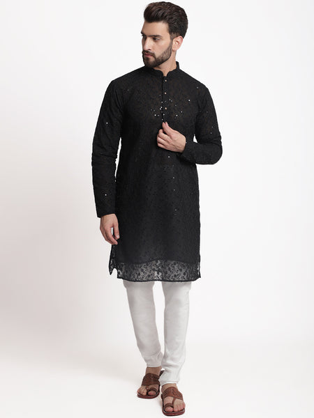 Black Chikankari Floral Embroidery Kurta With Churidar Pajama by Treemoda