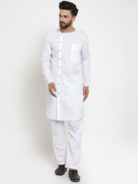 White Kurta With Aligarh Pajama Set in Linen For Men by Treemoda