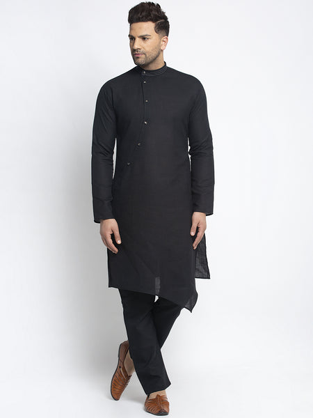 Designer Black Linen Kurta With Aligarh Pajama Set For Men By Treemoda