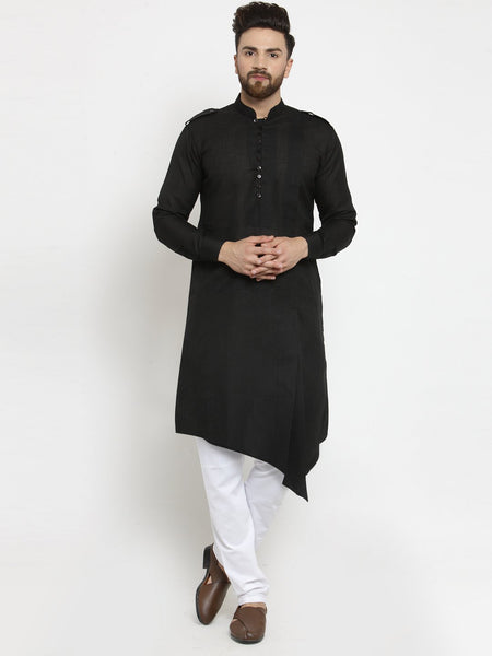 Black Kurta With Churidar Pajama in Linen For Men by Treemoda