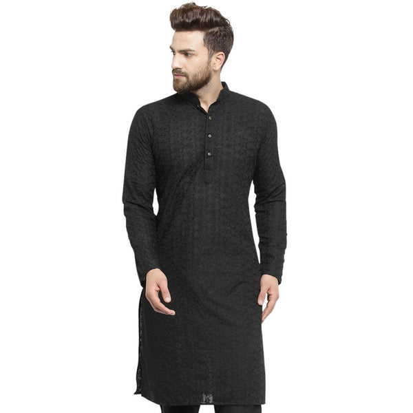 Black Cotton Chikankari Lucknowi Jaal Embroidered Kurta By Treemoda