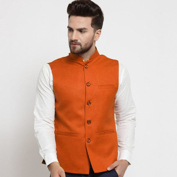 Men Orange Solid Nehru Jacket By Treemoda