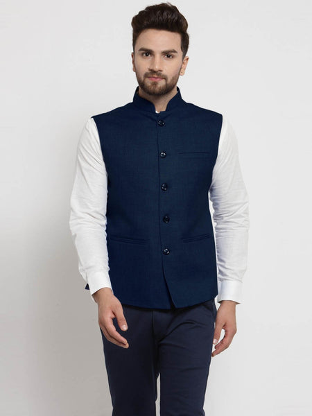 Men Dark Blue Solid Nehru Jacket By Treemoda