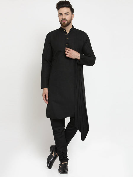 Black Kurta With Churidar Pajama Set in Linen For Men by Treemoda