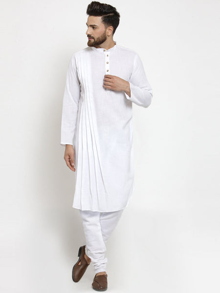 Designer White Linen Kurta With Churidar Pajama For Men By Treemoda