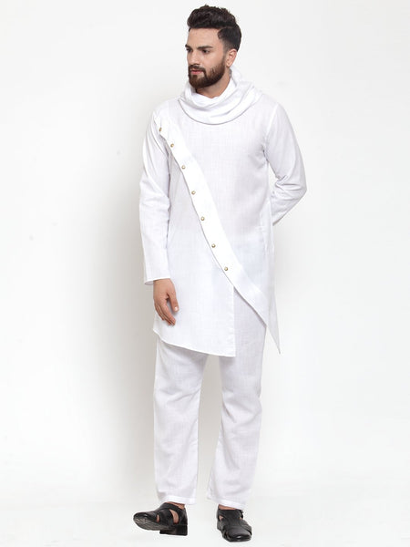 White Kurta With Aligarh Pajama in Linen For Men by Treemoda
