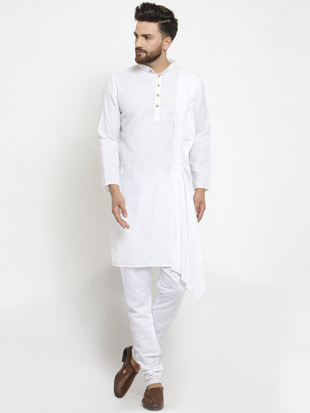 White Kurta With Churidar Pajama Set in Linen For Men by Treemoda
