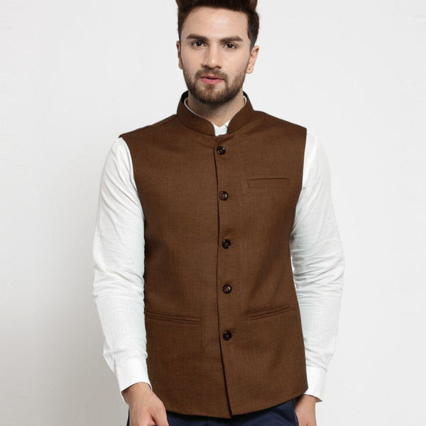 Men Caramel Solid Nehru Jacket By Treemoda