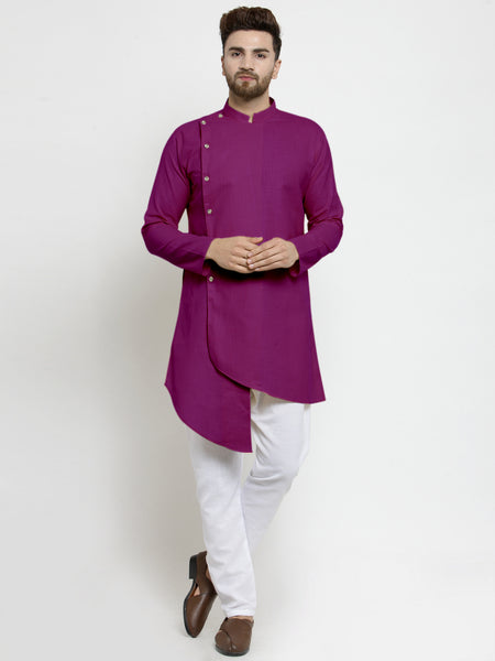 Designer Purple Linen Kurta With White Aligarh Pajama For Men By Treemoda