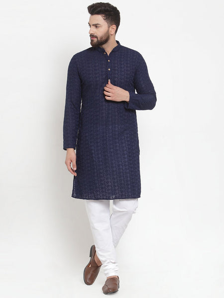 Navy Blue Cotton Chikankari Lucknowi Jaal Embroidered Kurta with Churidar Pajama For Men Treemoda