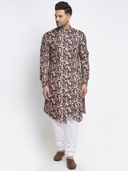 Designer Cotton Brown Block Printed Kurta With Churidar Pajama Set For Men By Treemoda