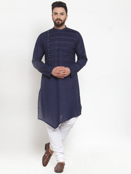 Designer Navy blue Kurta With Churidar Pajama Set in Linen for men by Treemoda