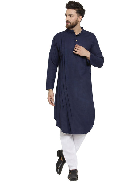 Designer Blue Linen Kurta With Aligarh Pajama For Men By Treemoda