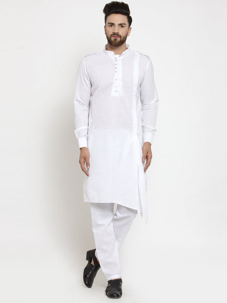 White Kurta With Aligarh Pajama Set in Linen For Men by Treemoda