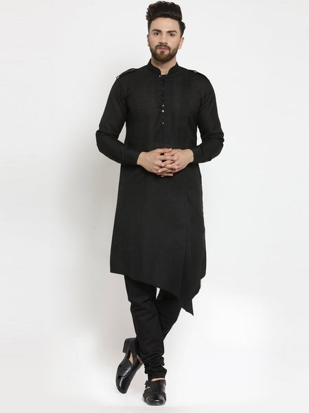 Black Kurta With Churidar Pajama Set in Linen For Men by Treemoda