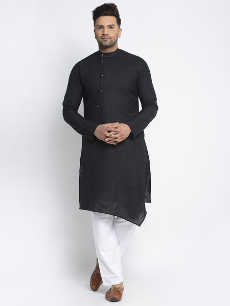 Designer Black Linen Kurta With White Aligarh Pajama Set For Men By Treemoda
