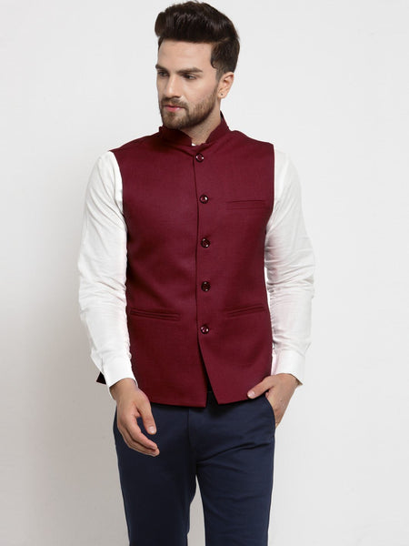 Men Maroon Solid Nehru Jacket By Treemoda