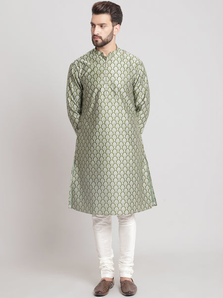 Designer Golden Green Brocade Silk Kurta With Churidar Pajama By Treemoda
