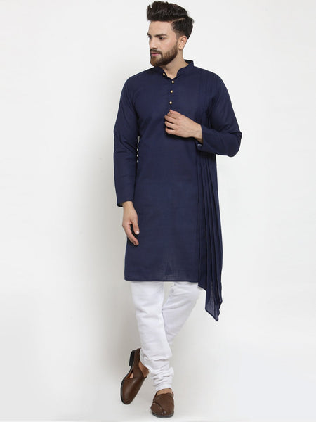 Navy Blue Kurta With Churidar Pajama Set in Linen For Men by Treemoda
