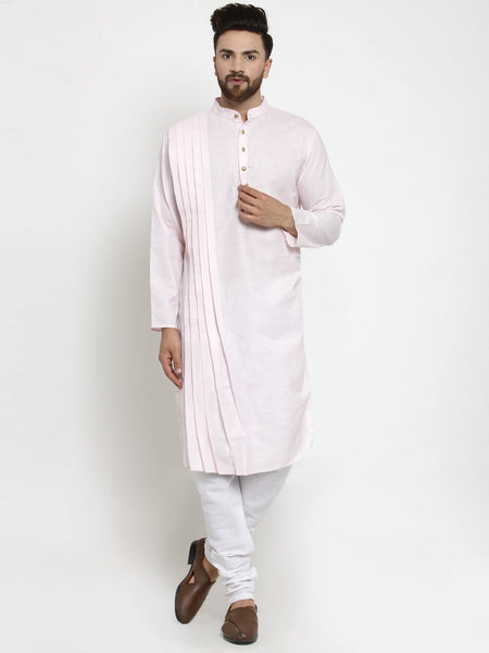 Designer Pink Linen Kurta With Churidar Pajama For Men By Treemoda