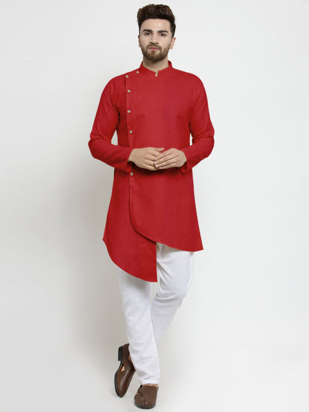 Designer Red Linen Kurta With White Aligarh Pajama For Men By Treemoda
