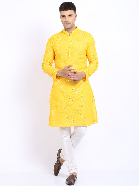 Yellow Georgette Mirror Work Embroidered Kurta with Churidar Pajama by Treemoda