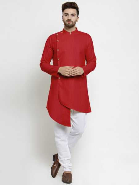 Designer Red Linen Kurta With White Churidar Pajama For Men By Treemoda