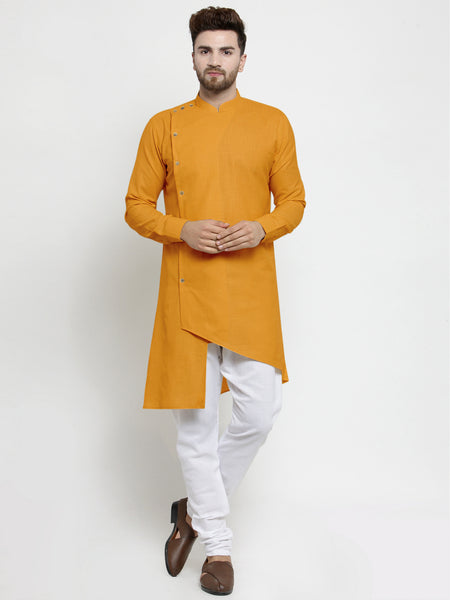 Designer Mustard Yellow Linen Kurta With White Churidar Pajama For Men By Treemoda