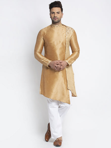 Embellished Brocade Golden Kurta With Aligarh Pajama Set For Men By Treemoda