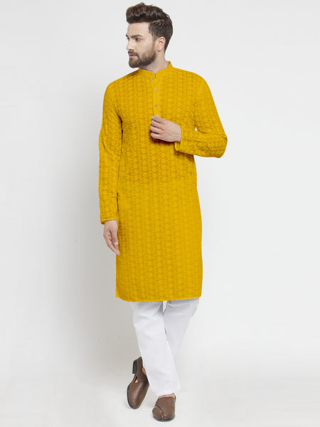 Mustard Yellow Chikankari Lucknowi Jaal Embroidered Kurta with Aligarh Pajama For Men  by Treemoda