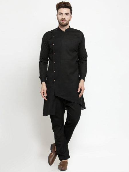 Designer Black Linen Kurta With Aligarh Pajama For Men By Treemoda