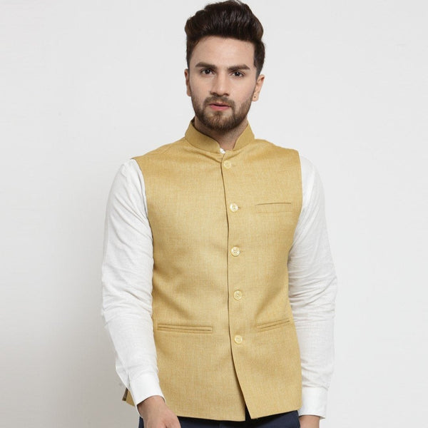 Men Mustard Yellow Solid Nehru Jacket By Treemoda