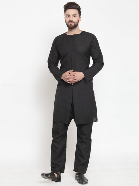 Black Kurta With Aligarh Pajama Set in Linen For Men by Treemoda