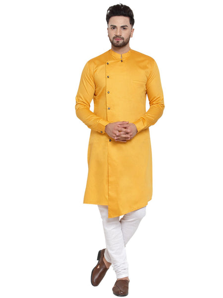 Designer Mustard Yellow Kurta With Churidar Pajama Set For Men By Treemoda