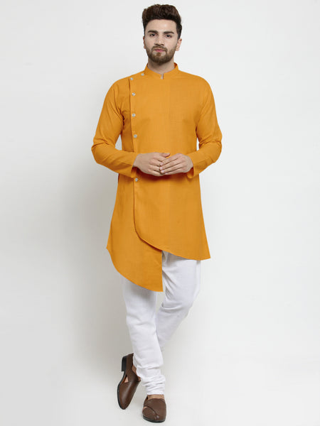 Designer Mustard Yellow Linen Kurta With White Churidar Pajama For Men By Treemoda