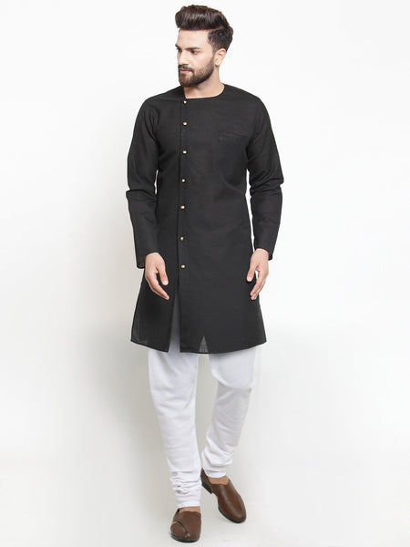 Designer Black Kurta With Churidar Pajama Set in Linen For Men by Treemoda