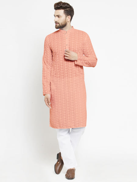 Salmon Pink Chikankari Lucknowi Jaal Embroidered Kurta with Aligarh Pajama by Treemoda