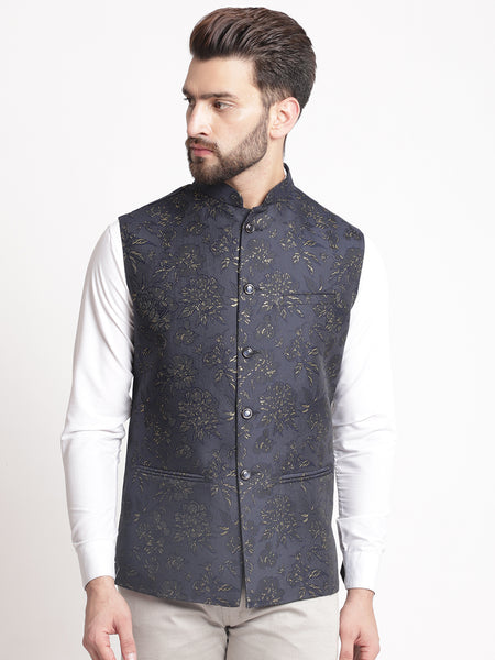 Blue Jacquard  Brocade Silk Nehru Jacket By Treemoda